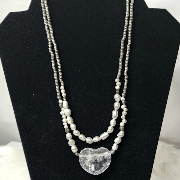 Vintage Pearl & Pyrite Bead Necklace | Heart Pendant Statement Jewelry - Picture 5 of 8